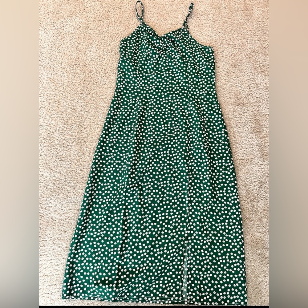 SHEIN Green and White Flower Polka Dot Midi Dress